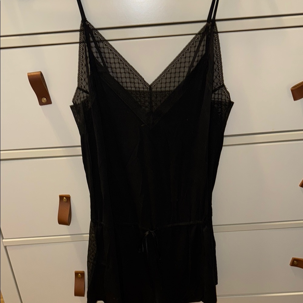 Elegant Black Lace Trim One Piece Sleepwear